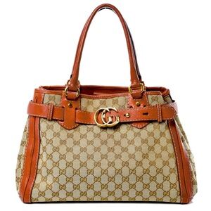 Gucci Authentic Tan Leather/Brown Canvas Medium Running Bag